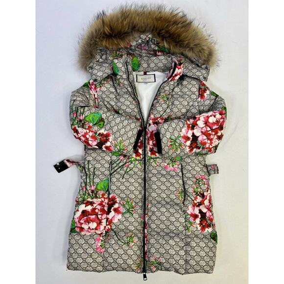 Girls Down Puffer Jacket Brown Floral Removable Hood Fur Trim Sz 8 - Picture 11 of 16